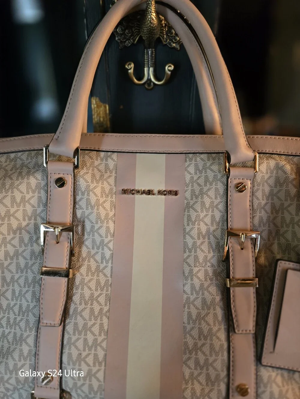 Michael Kors Pink & Cream MK Signature Duffel Bag